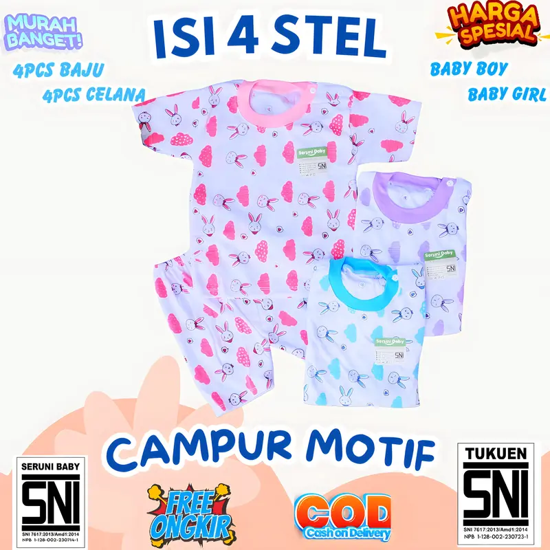 FREE KACAMATA PAKET HEMAT 60RB  DAPAT 4 STEL BAJU BAYI SNI 0-12 BULAN RANDOM MOTIF Bunda Parsel 8