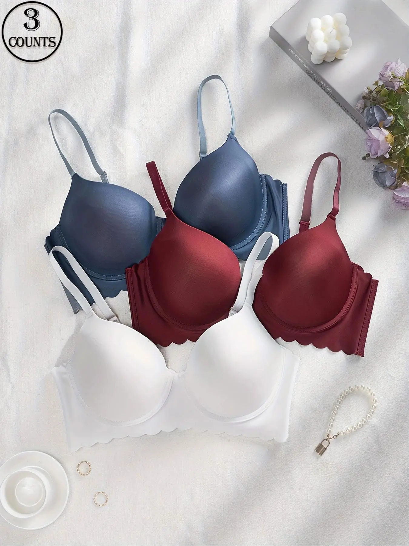 【Plus Size】 Solid Color Scallop Trim Push Up Bra, Adjustable Strap Underwire Bra, Soft Comfortable Breathable Lingerie for Women