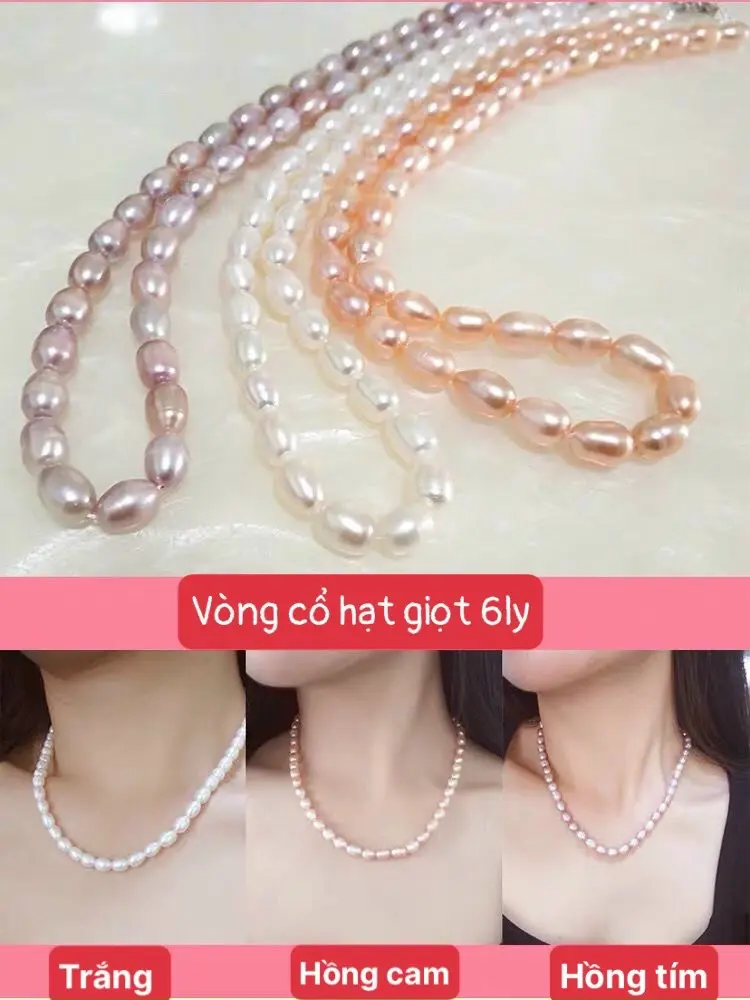 Vòng cổ ngọc trai giọt nước 6-6,5ly dng - Chọn size ôm cổ vừa phải, trung bình hoặc dài, và màu trắng, da cam hoặc tím hồng