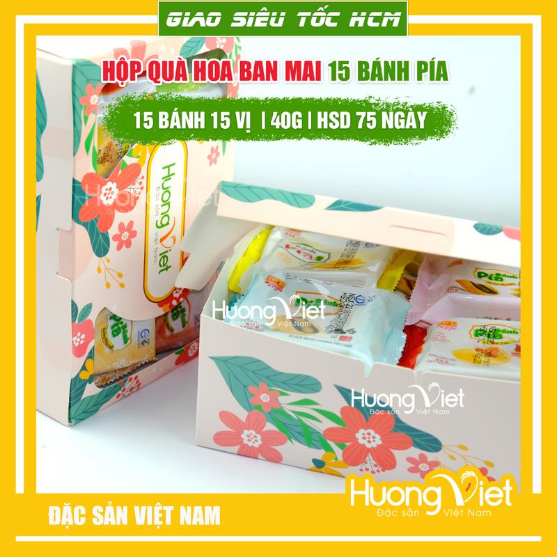 Combo hộp quà HOA BAN MAI 15 vị bánh pía kim sa mini 40g, đặc sản bánh pía Sóc Trăng Tân Huê Viên 15 bánh 15 vị