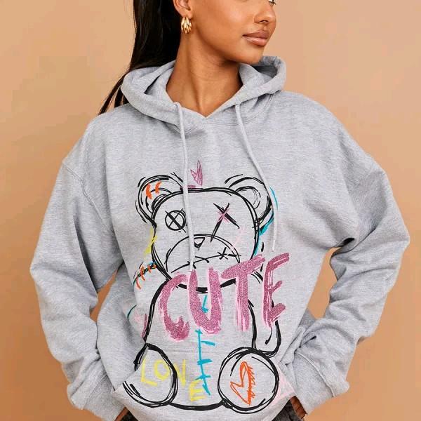 Grey Cute Teddy Graphic Print Hoodie 1