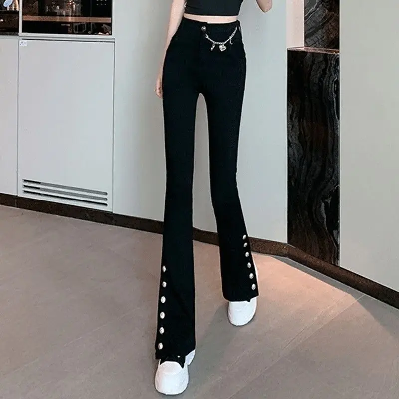 Quần Dài Ống Loe, Thiết Kế Dây Chuyền Xích, Lót Lông Cừu, Dày, Cạp Cao, Thích Hợp Cho Mùa Xuân Và Mùa Thu, Hàng Mới Về, Quần Legging Xẻ Tà Thường Ngày Cho Nữ, Quần Dài quét đất Nhà 2
