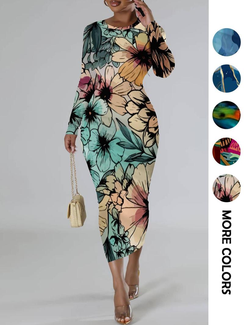 Product Introduction of Women's Colorblock Print Round Neck Bodycon Dress, Fashion Casual Long Dress for Daily Outdoor Wear, Women Dress for Spring Fall 5