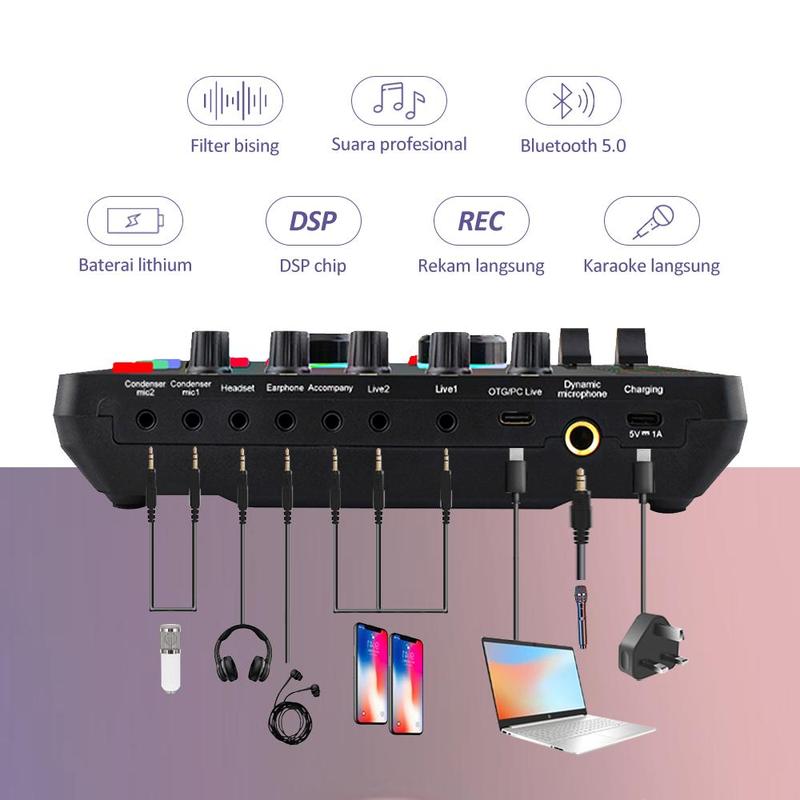 Bonkyo F999 sound card + mikrofon nirkabel + earphone set lengkap peralatan siaran langsung Kartu suara langsung Bluetooth mixer karaoke langsung 2