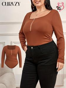 CURVZY Plus Size Autumn Aesthetic Plain Half Zipper Square Neck Bodysuit, Casual Long Sleeve Bodysuit for Daily Wear, Women's Plus Size Autumn Aesthetic Clothing for All Seasons