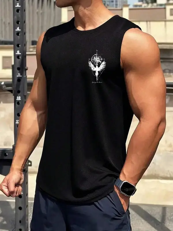 Men's Eagle Print Tank Top, Regular Fit Casual Letter Graphic Sleeveless Vest for Summer, Men's Top for Outdoor Climbing, Fitness Wear, Tropical 8