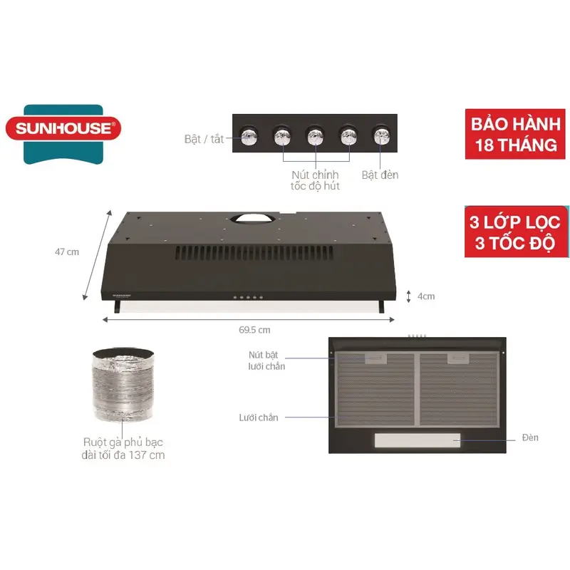 Máy hút mùi Sunhouse SHB6118B được thiết kế sang trọng, vỏ máy làm bằng inox sơn tĩnh điện màu đen sang. 4