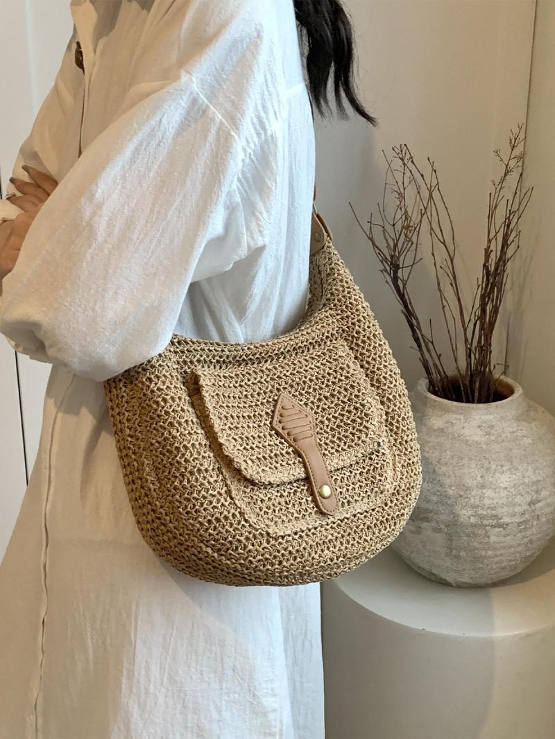 Product Introduction of Women's Fashionable Straw Bag, Large Capacity Crossbody Bag with Small Bag Inside, Casual Versatile Shoulder Bag for Daily Used 3