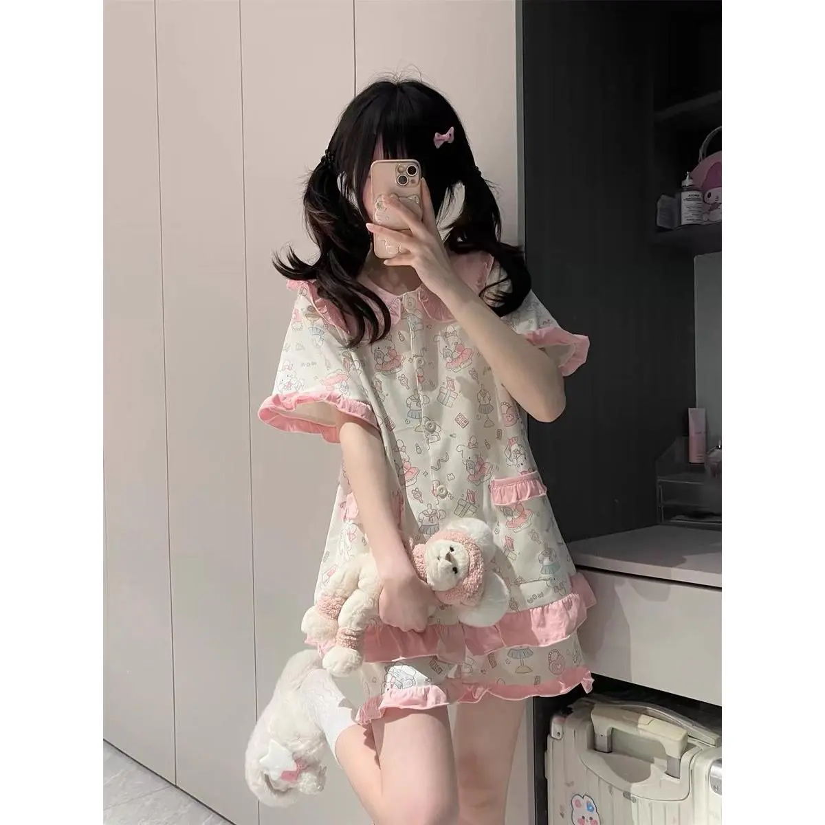 Bộ Đồ Ngủ Cổ Búp Bê Thỏ Dễ Thương, Dành Cho Nữ, Hàng Mới Về Mùa Hè, ngắn Tay, Phong Cách Nữ Tính, Bộ Đồ Học Sinh Ngọt Ngào Đồ Mặc Nhà, Có Thể Mặc Ngoài Trời, Năm 2024