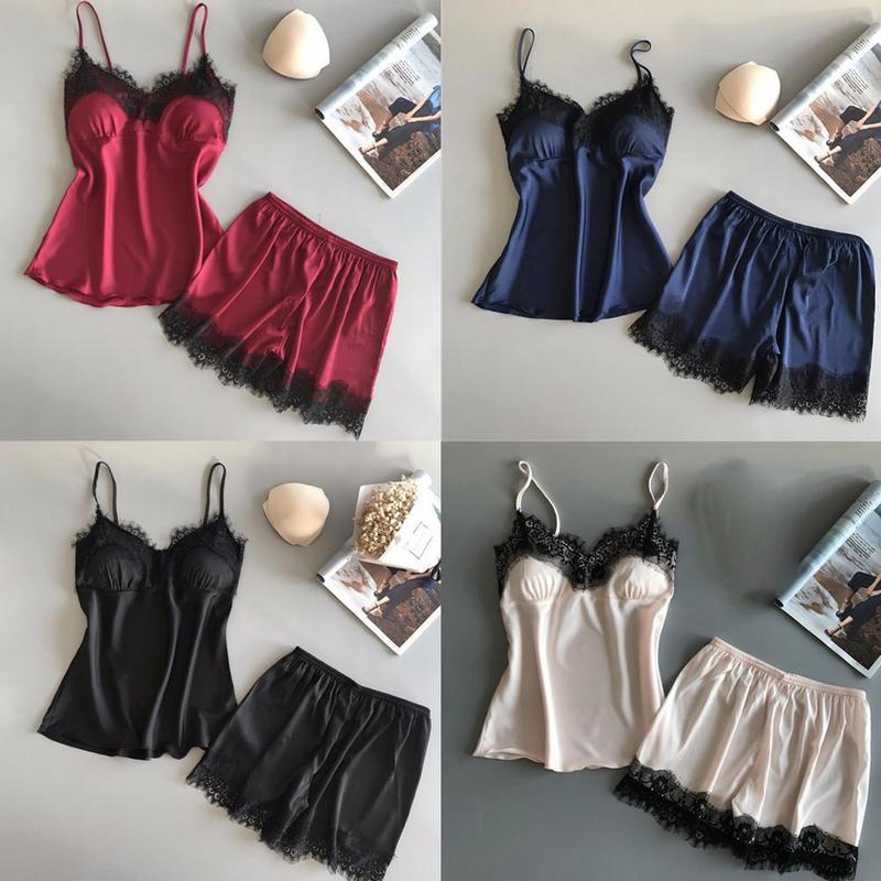 Đồ Ngủ Nữ, Không Tay, Bộ Cami Trang Trí Ren, Đồ Ngủ, Đồ Ngủ Satin, D5T4, Áo 2