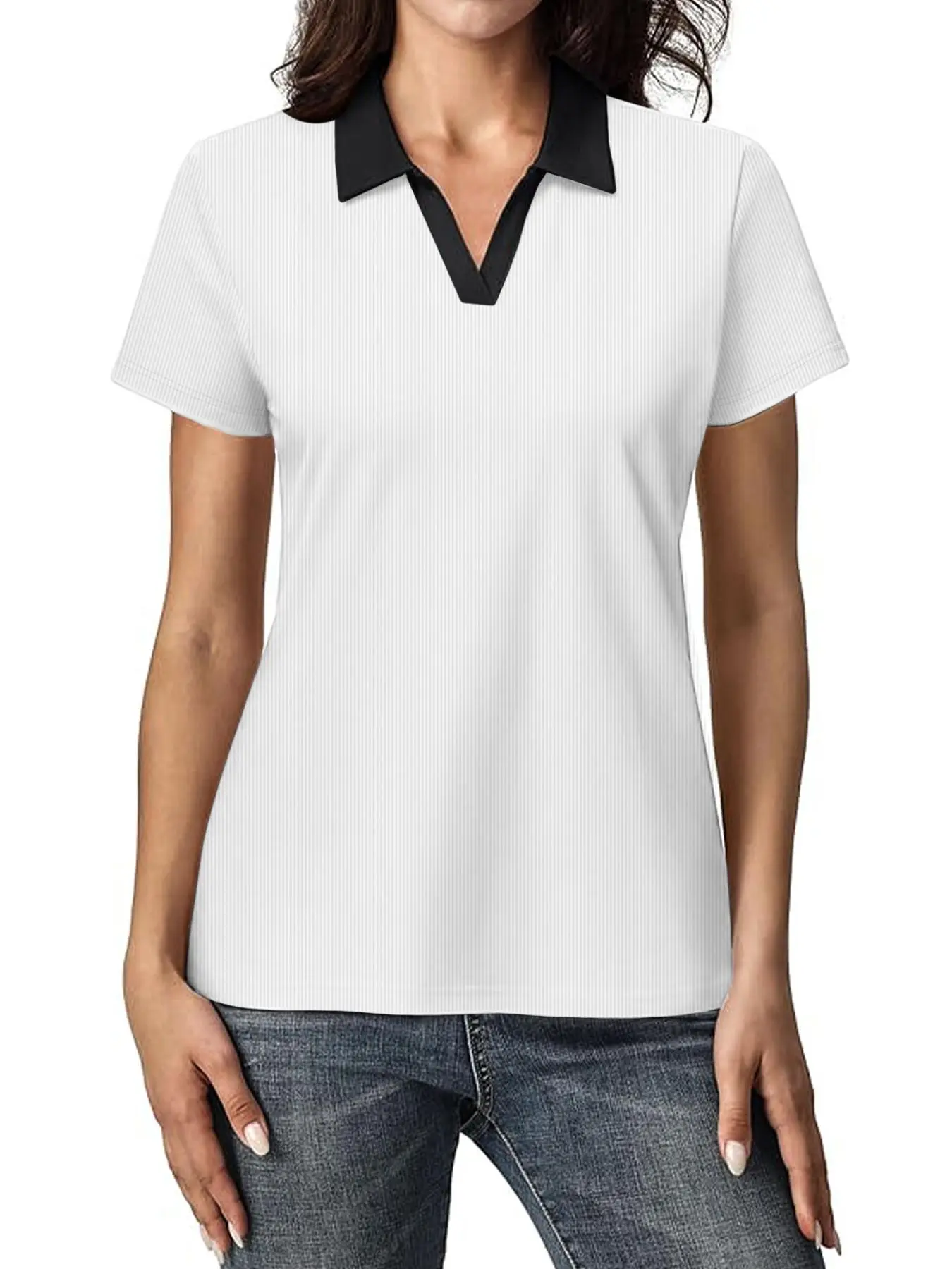 Women's Colorblock Short Sleeve Polo Shirt, Casual Fashion Top for Summer, Ladies Clothes for Daily Wear