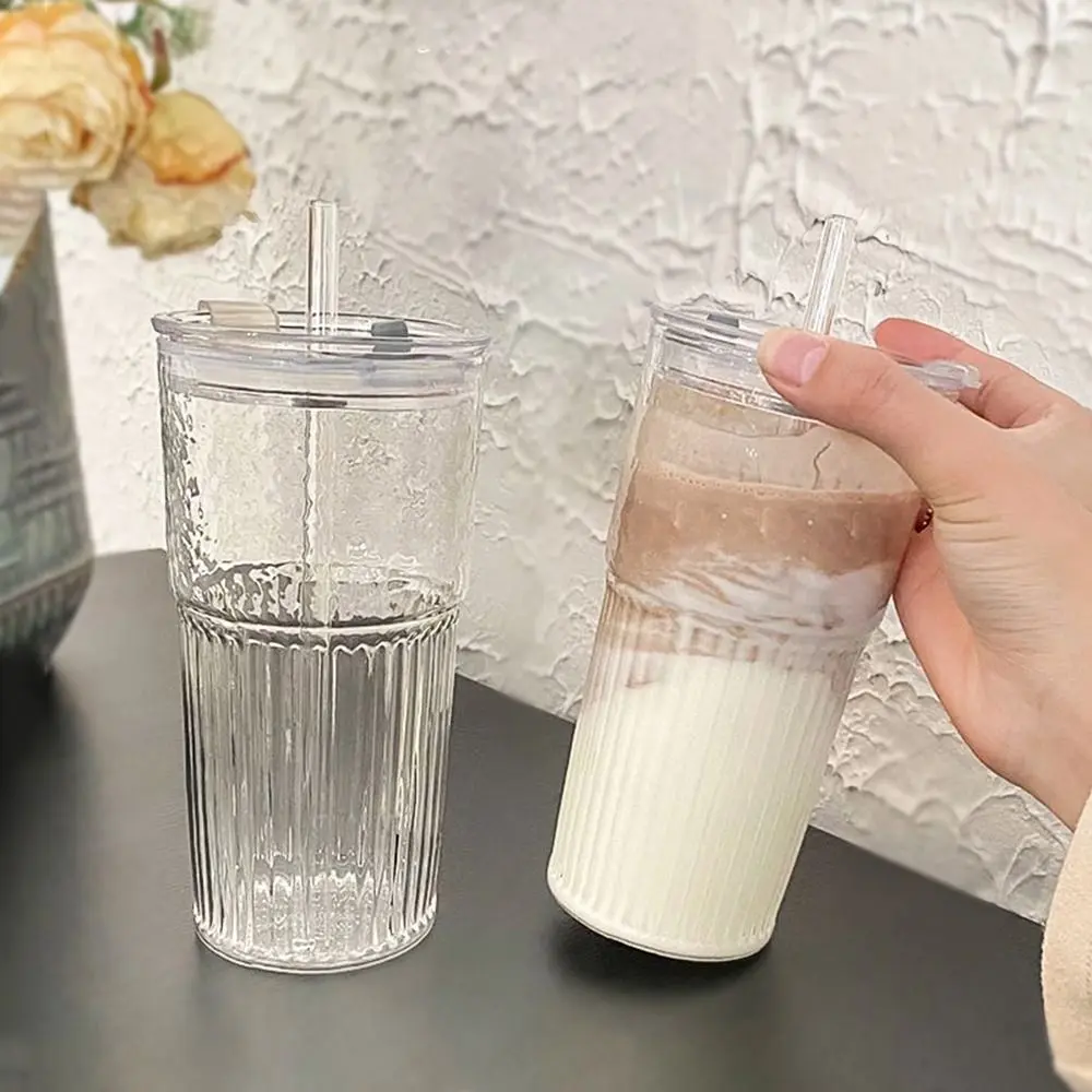 600ml Fashion Transparent Glasses Stripe Glass Cup Drinkware With Lid and Straw Drinking Glasses Heat Resistant Large Capacity Coffee Mug for Juice Milk Tea Tumblers Bottles