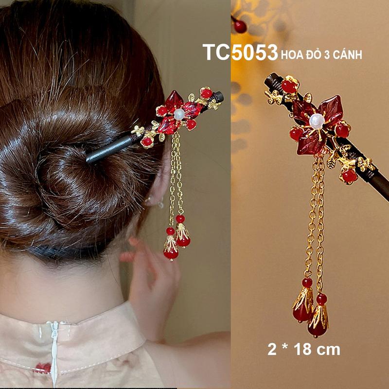 GOTI Trâm Cài Tóc Thân Gỗ Nâu Hình Hoa Đỏ 3 Cánh Và Hạt Phối Tua Rua Thanh Lịch Phong Cách Cổ Trang, Hiện Đại  TC5053