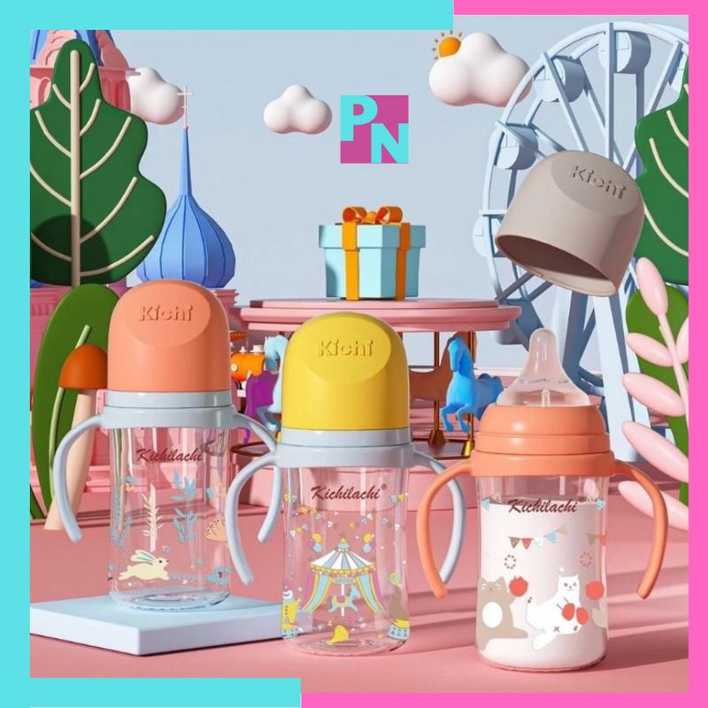 Bình sữa cổ rộng Kichi 160ml 240ml 300ml núm ti siêu mềm chống sặc chống đầy hơi không BPA có tay cầm đặc biệt hỗ trợ nuốt, hỗ trợ bú Cho Bé, núm ty Silicone
