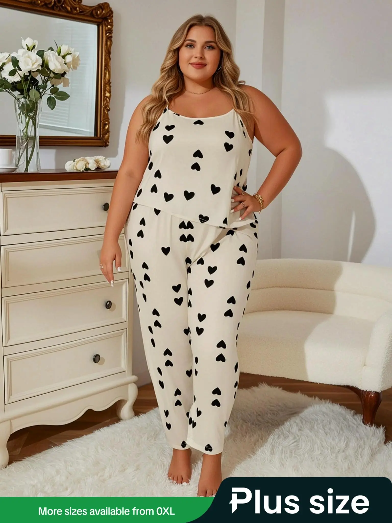 Plus Size Two-Piece Set Heart Print Co-ord Set, Casual Backless Cami Top & Elastic Waist Pants Set, Summer Outfits 2024, Women's Two-piece Outfits for Summer