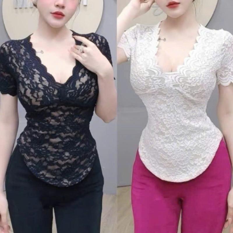 Áo Thun Nữ Bigsize Tay Ngắn Hottrend Áo Ren Lưới Cổ Tim ESHOP Áo Phong Nữ Cổ V Đẹp Dễ Thương Ôm Body Xinh MS5013 Top Áo Women Shirt