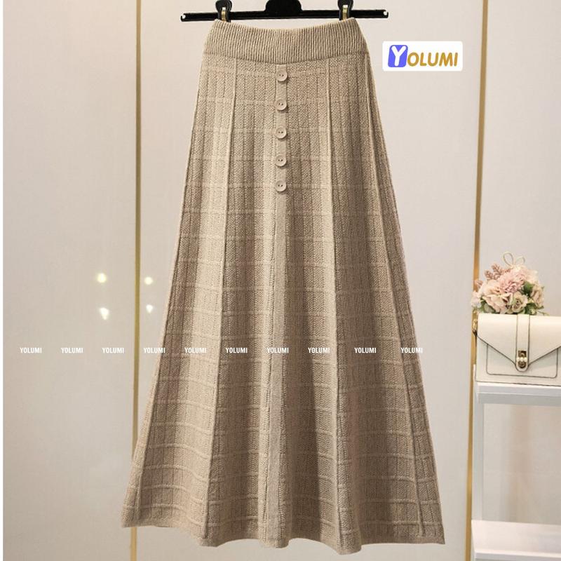  Chân Váy Len Dài Váy Thu Đông Nữ Dáng Chữ A Phối Cúc Vải Len Dày Dặn chất lượng cao YOLUMI Voan Women Nút Thanh lịch chân  váy vay  capchun chân  váy chân  váy chân  váy chân  váy chân váy  len chanvay  mididangdai 