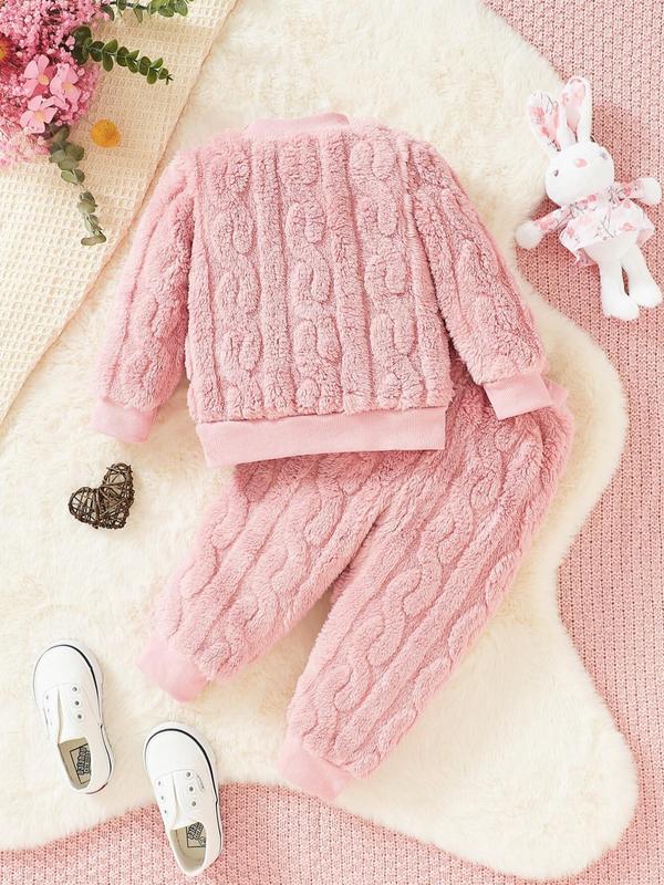 Baby Girl's Solid Plush Two-piece Set, Cute Casual Long Sleeve Round Neck  Pullover & Textured Pants Set,  Newborn Infant Kid's Clothes Gifts 1