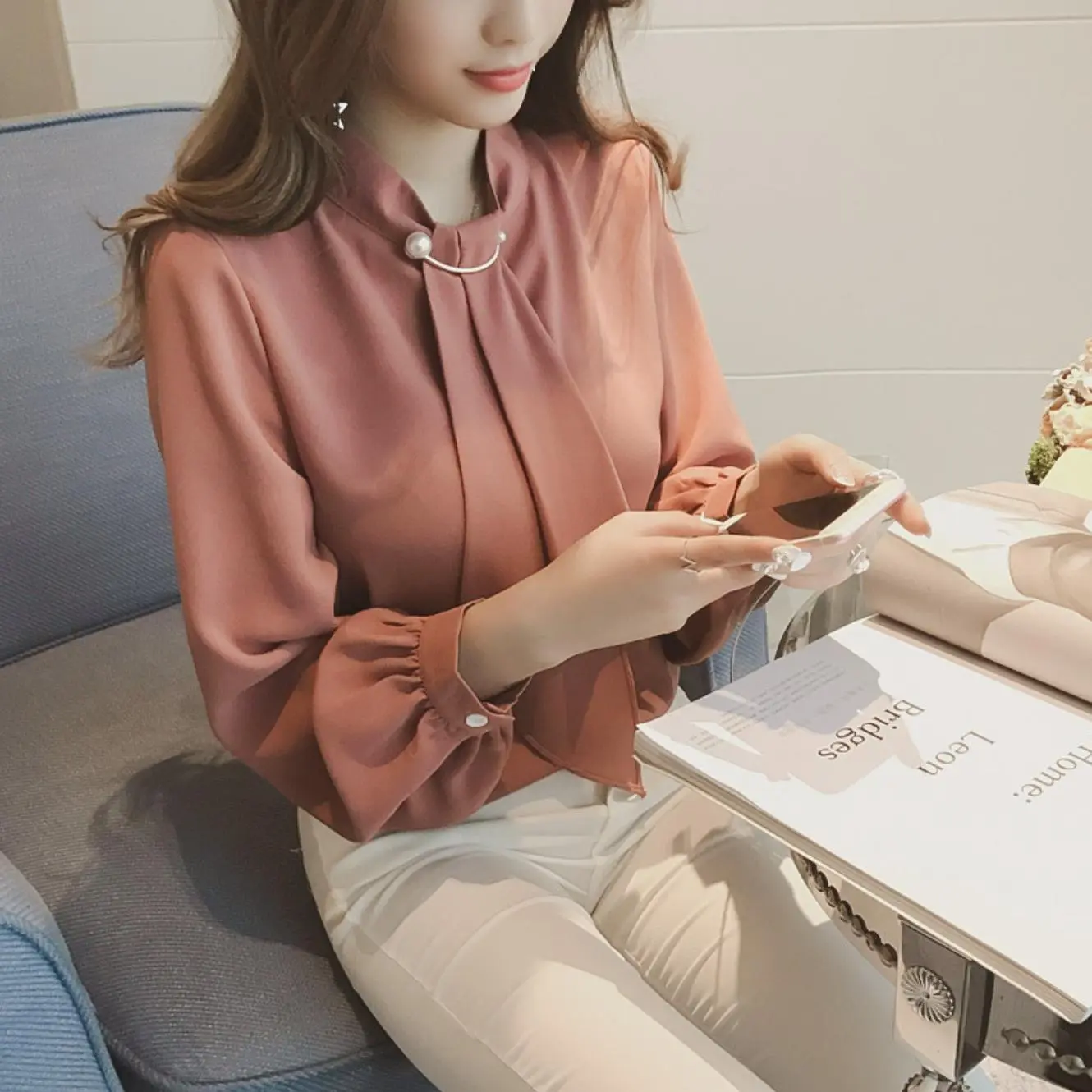 Áo Voan, Màu Trơn Dáng Rộng Vừa Vặn, Tay Phồng, Áo Sơ Mi Nữ Dài Tay, Áo Sơ Mi Phong Cách Hàn Quốc, Hàng Mới Về Mùa Xuân Và Mùa Thu, Thiết Kế Năm 2025