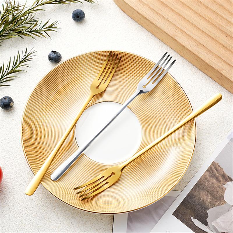 Product Introduction of Stainless Steel Small Fork Cake Dessert Fork Golden High Color Value Home Salad Fruit Fork Tableware Round Hole Four Teeth Fork Kitchenware Cutlery Thick 16