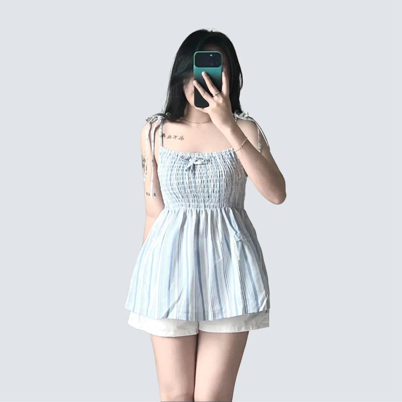 BARE_Áo hai dây sọc thổ cẩm , áo hai dây cột nơ chất linen mát thiết kế mocking nhún ôm dáng phối nơ điệu đà-A345, A589 Nữ Nhung Top Women Voi