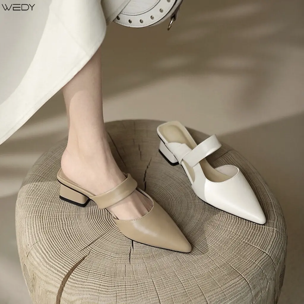 Giày Sục Nữ Mũi Nhọn Phối Quai Ngang 4 Phân, Giày Bít Mũi Da Mềm Đế Vuông Sang Trọng WD2329 DéP Shoes dép hottrend cao gót