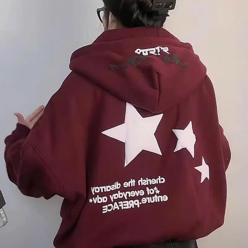 Áo khoác nỉ form rộng , Hoodie zip form rộng mũ hai lớp - Sao in hai mặt 5