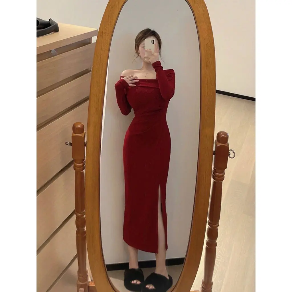 Đầm Cho Nữ, Phong Cách Thường Ngày Màu Đỏ, Trễ Vai, Đầm Xẻ Tà, Hàng Mới Về Mùa Mùa Xuân Và Mùa Thu, Thanh Lịch, Eo Co Giãn, Dáng Ôm, Dài Trung Bình