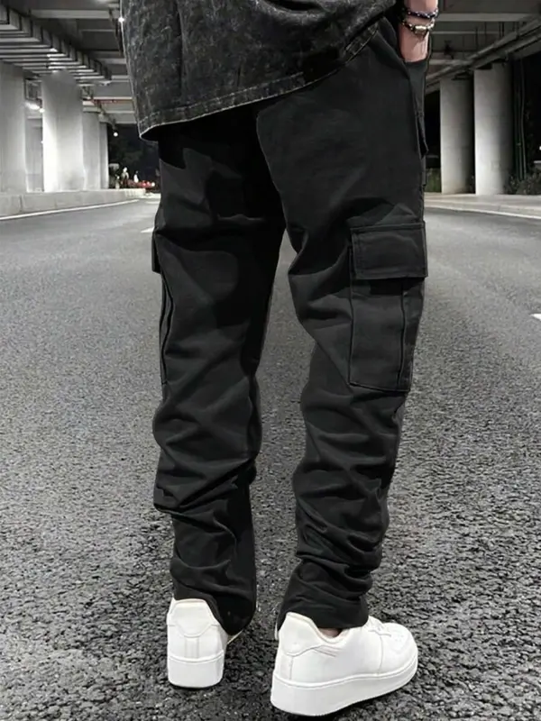Men's Solid Drawstring Waist Cargo Pants, Street Fashion Casual Pocket Elastic Waist Trousers for Daily Wear, Men's Bottoms for All Seasons 2