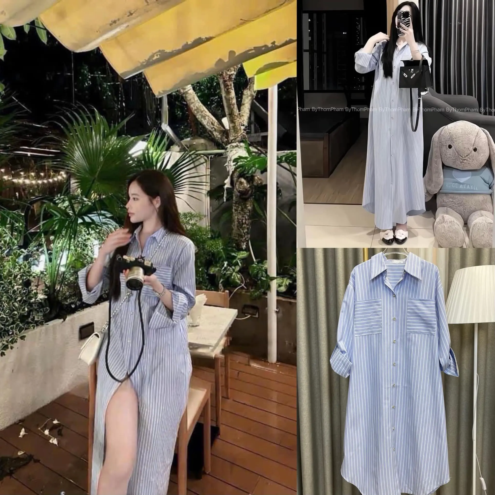 I0179 Váy Nữ sơ mi dáng dài kẻ xanh cổ Đức by IRIS STORE Women Dress