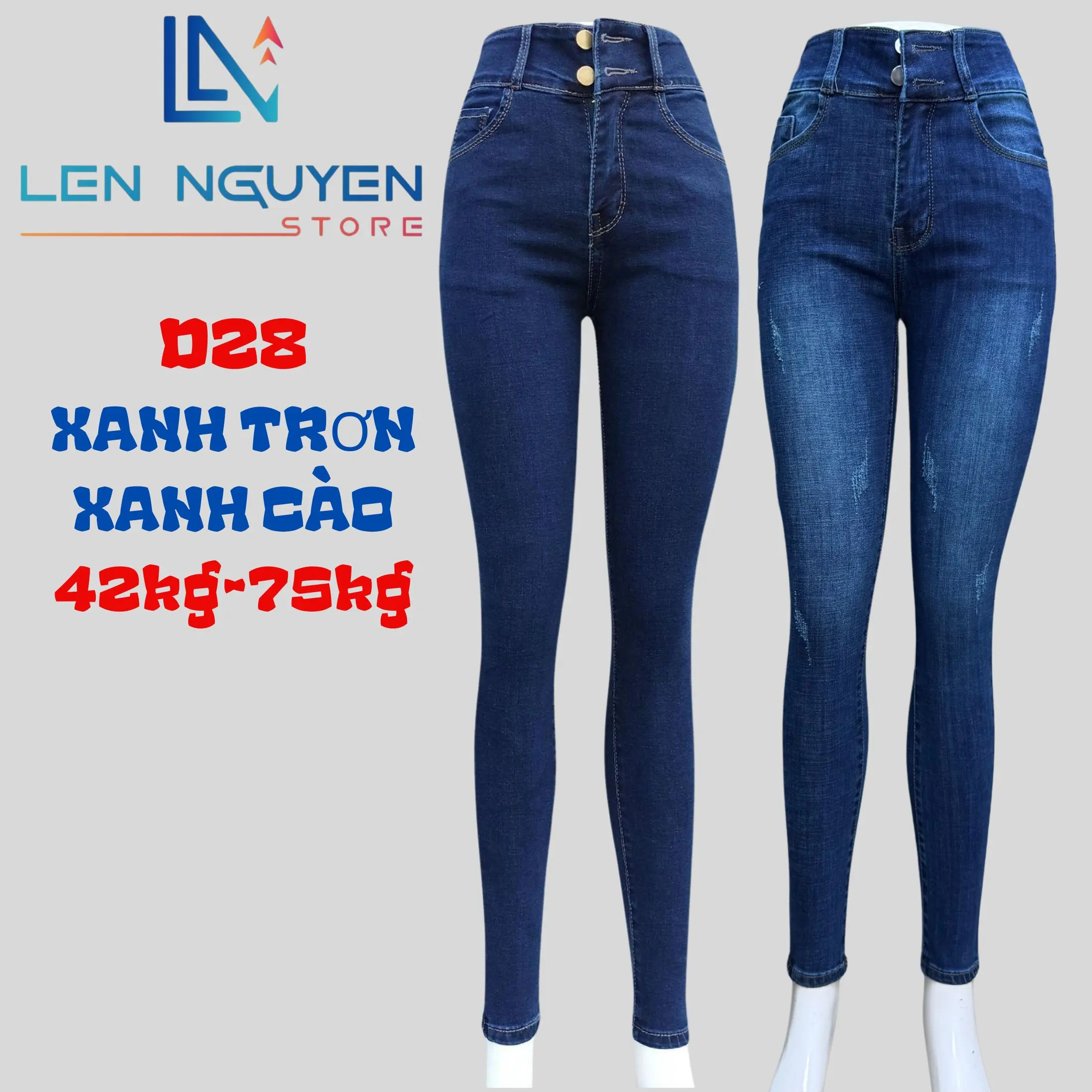 D28 [ Len Nguyen Store ] Quần Jean (Bò) Nữ, Lưng Cao 2 Nút, Dài 95-97cm, Màu Xám, Xanh, Size 42kg-75kg, Thiết Kế, Co Giãn, Mền Mịn, Bigsize, Hotgirl, Skinny, Ống Ôm, Mang Phong Cách Năng Động, Trẻ Trung, Tự Tin, Dễ Phối Đồ. Women Pants Denim