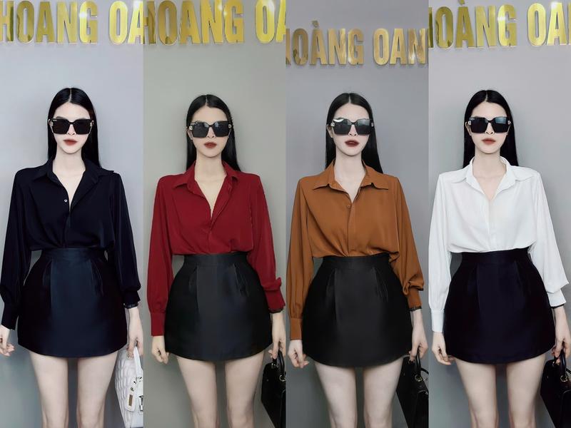 Áo sơ mi lụa dài tay, tay bồng đệm vai Nữ Top