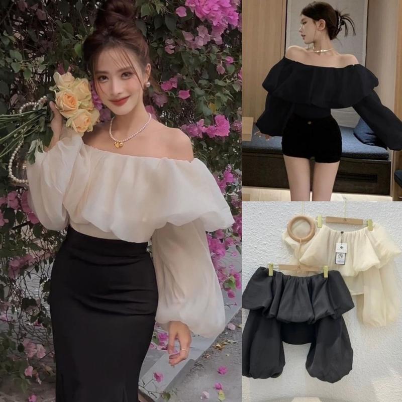 Áo trễ vai tay bồng dáng croptop sang chảnh áo tiểu thư bánh bèo chất liệu voan tơ mềm mịn A919 SUTANO