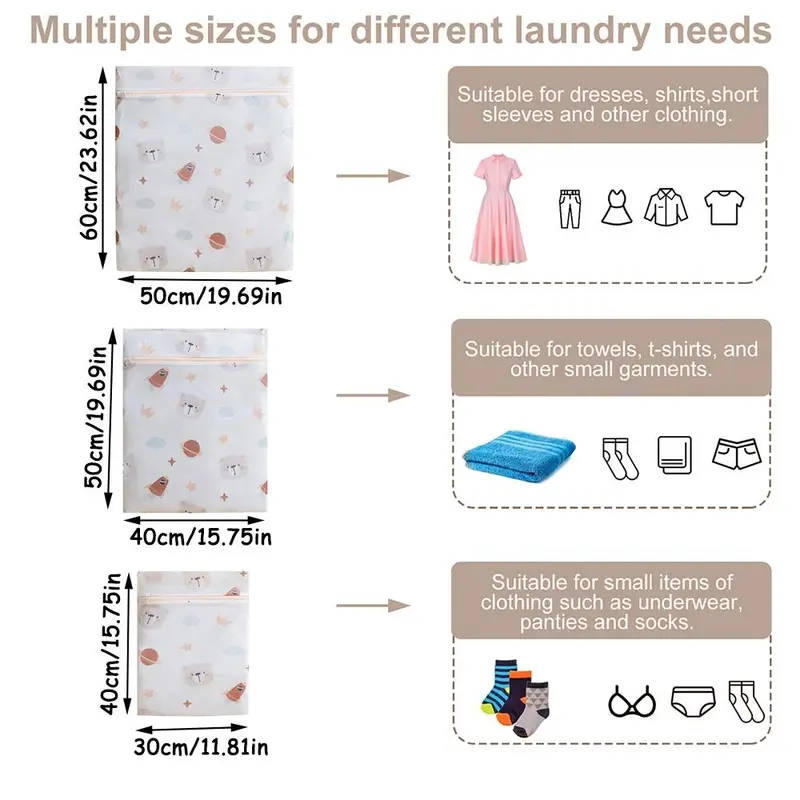 Mixed Size Mesh Laundry Bag, 3 Counts/set Cute Bear Pattern Washing Bag, Laundry Tools & Accessories for Home & Travel 1