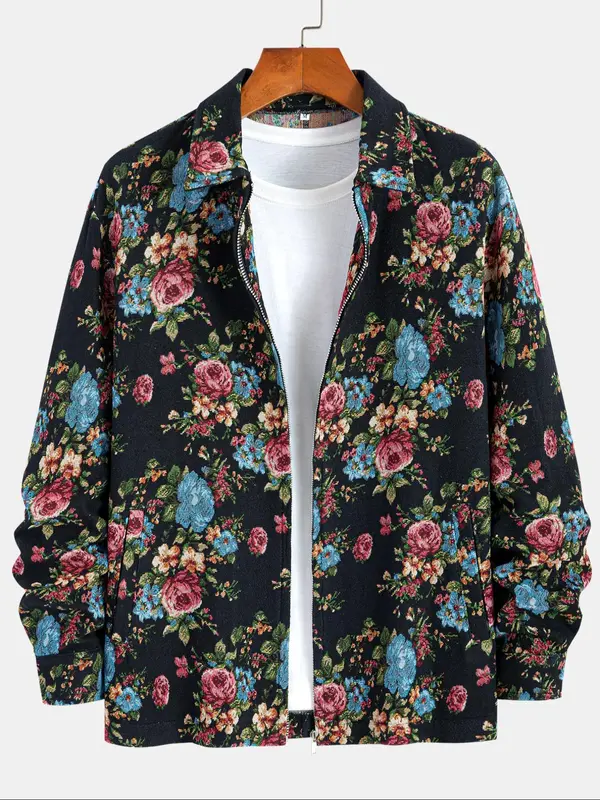 Men's Floral Print Button Zipper Jacket, Loose Casual Long Sleeve Collared Outerwear for Fall & Winter, Men's Clothes for Daily Wear 3