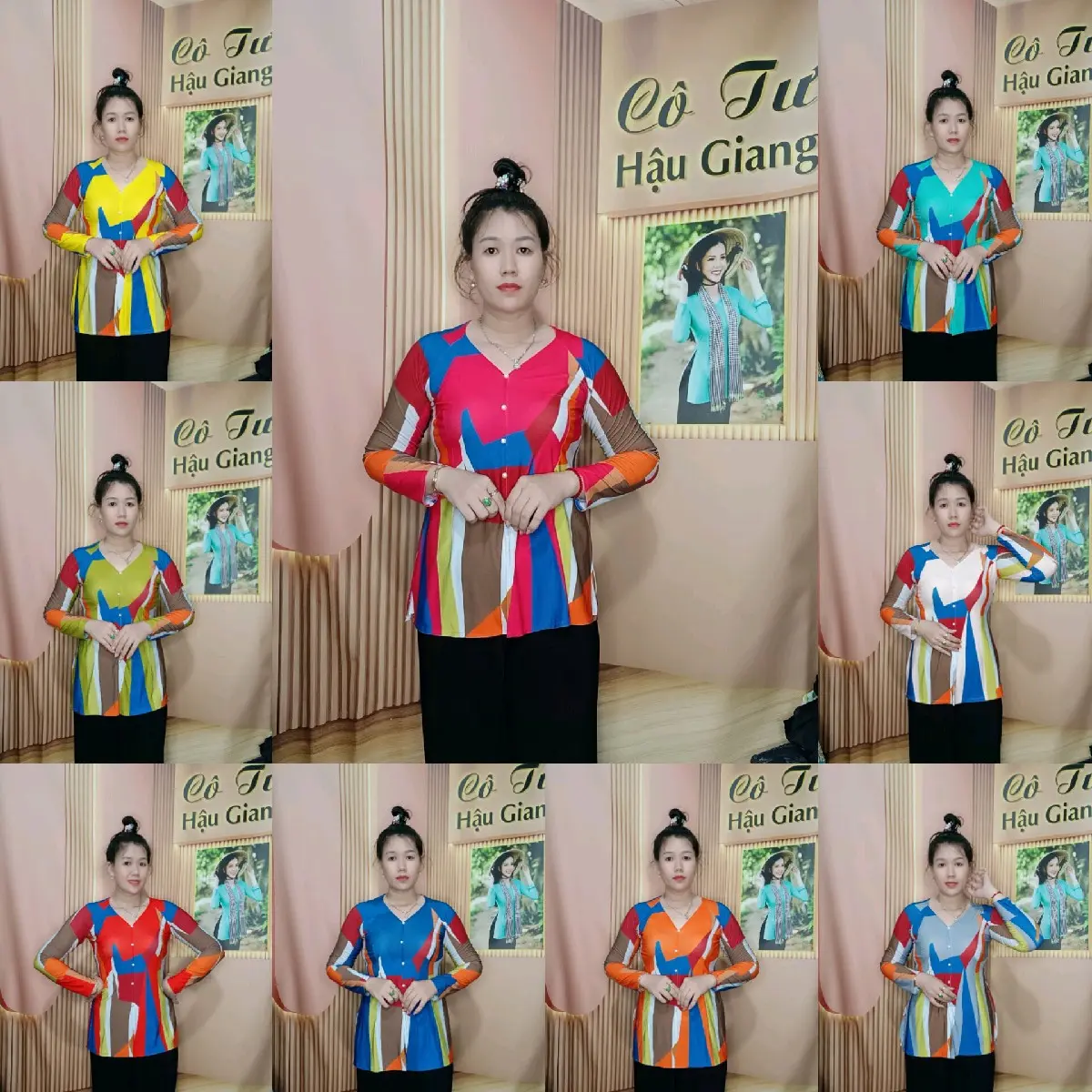 Áo Bà Ba Nữ Thun Mẫu Lập Thể 8 Màu Cổ Tim Tay Dài (((bán áo lẻ)))