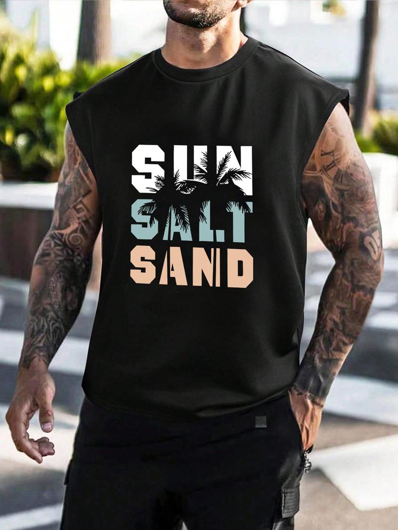 Product Introduction of Men's Letter & Coconut Tree Print Tank Top, Regular Fit Casual Comfortable Breathable Round Neck Sleeveless Vest for Summer, Men's Clothes for Beach Vacation 1