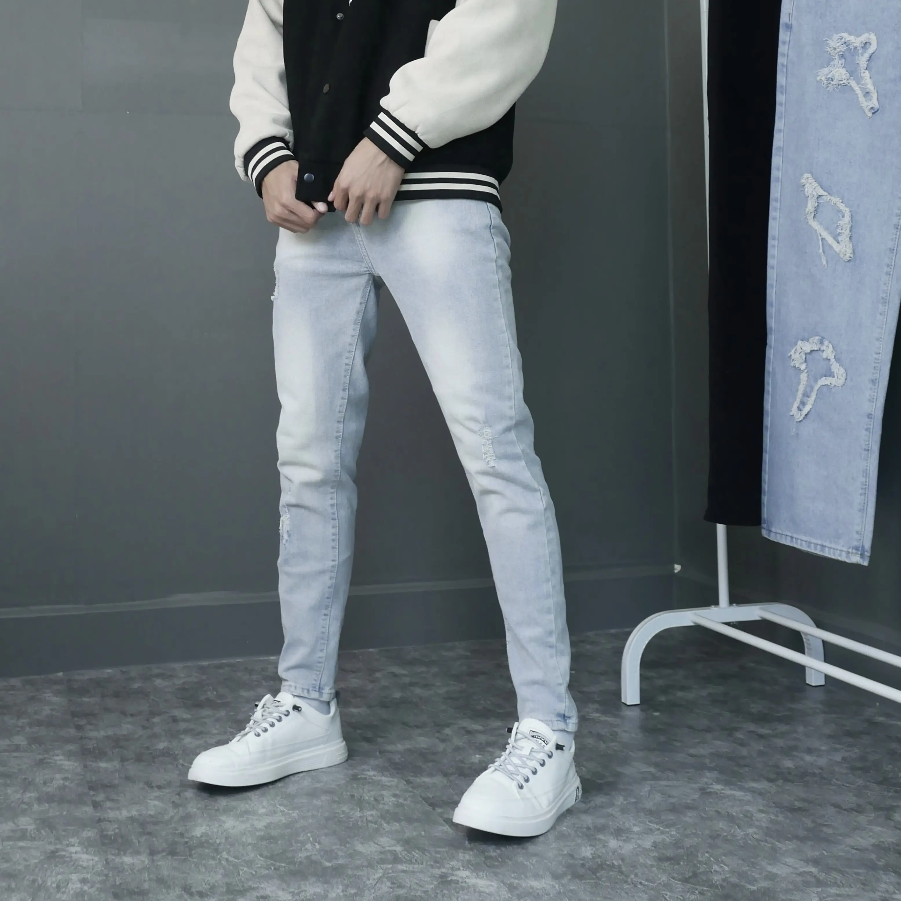 Quần jeans nam xước mài màu xanh ghi nhạt co giãn 4 chiều cao cấp chất bò denim dáng ôm slimfit 02 Pon.mens Menswear Cotton