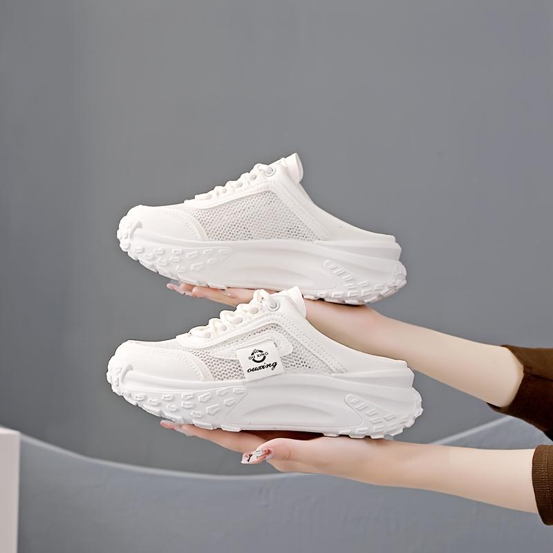 Product Introduction of Women's Breathable Mesh Slip-On Sneakers - Casual Lace-Up, Mid-Heel, Summer Fashion Shoes with Round Toe & TPU Sole, Outdoor, Half Slip-on, Leisure Style 7