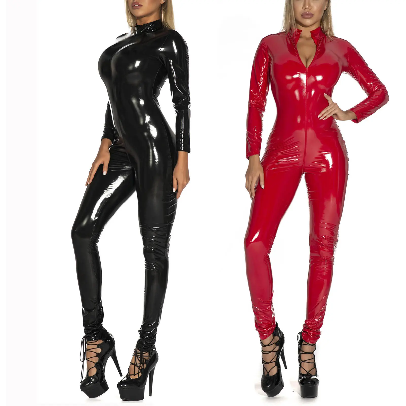 Bộ Đồ Toàn Thân Một Mảnh, Dành Cho Nữ, Cổ Áo Mock, Da Sáng Bóng, Khóa Kéo Sau, Kiểu Dáng Catsuit, Thích Hợp Cho Trang Phục Dự Tiệc Halloween Và Trang Phục Câu Lạc Bộ, iEFiEL