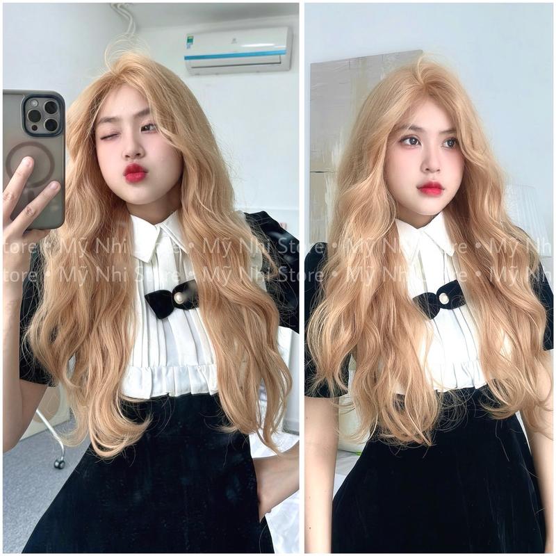Tóc Giả Mỹ Nhi Nguyên Đầu Da Đầu Dệt Kim V2DK01 Hai Mái Xù Sóng dài 60cm