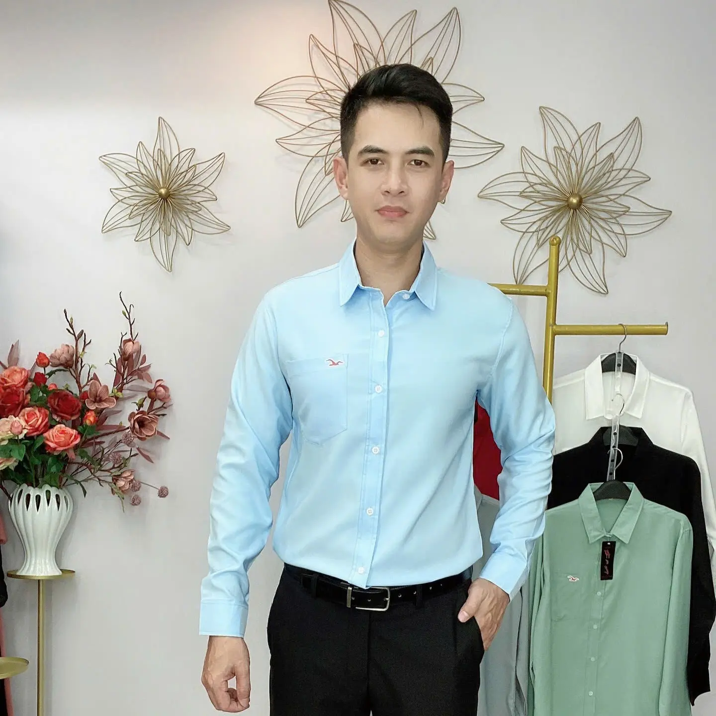 áo sơ mi nam tay dài mã trơn vải lụa hàn thoáng mát thanh lịch có size 45k-94kg cổ chữ v có 10 màu