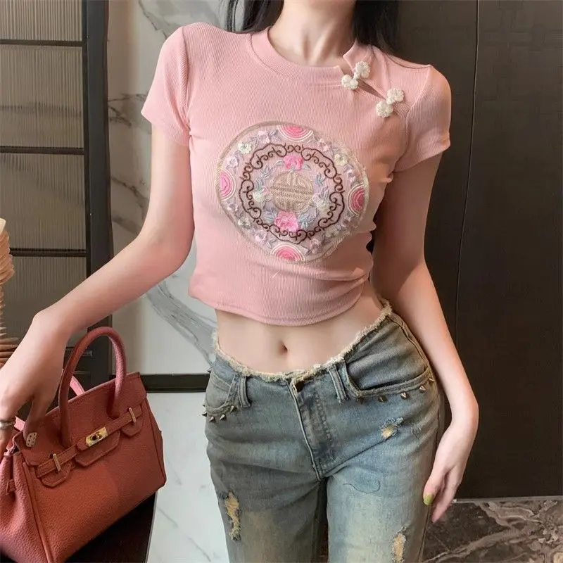 New Hot Girl French New Chinese Style National Style Cheongsam Frog Button Embroidery Short Top Womens Elegant Slim-Fit Short-Sleeved T-shirt Clothing Cotton