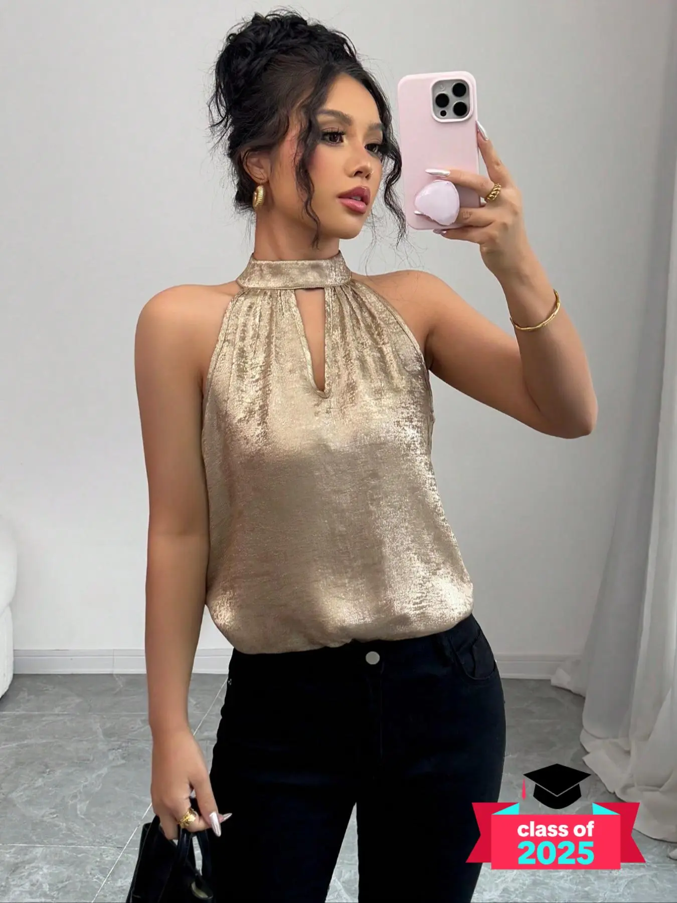 Women's Glitter Halter Neck Blouse, Elegant Solid Color Sleeveless Top for Party Holiday Vacation, Ladies Summer Clothes, Fitted Womenswear