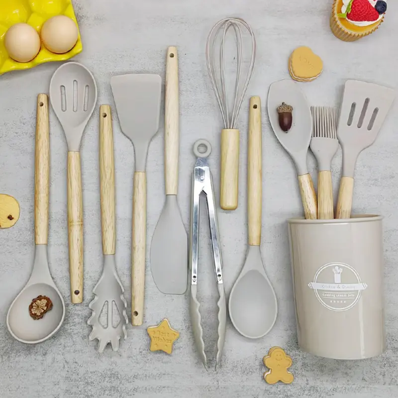 Wooden Handle Silicone Kitchenware Set, 12pcs/set Non-stick Cooking Utensils Set, Kitchen Cooking Utensils Set, Household Kitchen Products 0