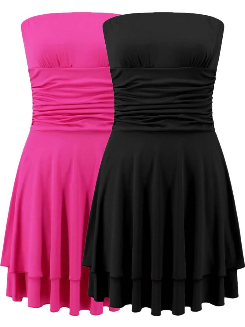 Product Introduction of Women's Solid Ruched Backless Tiered Layer Tube Dress, Elegant Strapless Sleeveless A Line Short Sundress, Casual Dresses for Women, Holiday Dresses, Minimalist Summer Dresses, Lady Clothes for Beach Holiday 8