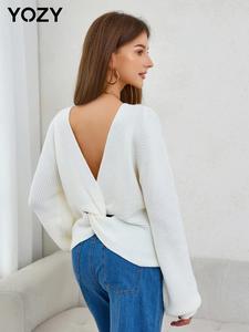 YOZY Women's Plain Twist Backless Sweater, Casual Long Sleeve Boat Neck Jumper for Fall & Winter, Fashion Women's Knitwear for Daily Wear