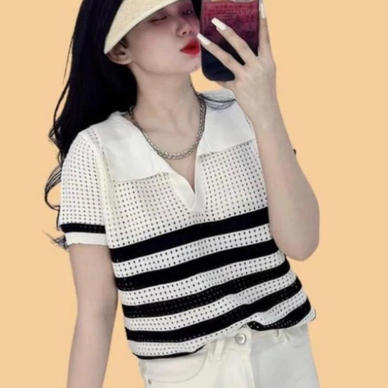 Áo Polo len nữ tay ngắn cổ bẻ phối kẻ ngang mongtoghi thoáng mát Women Top