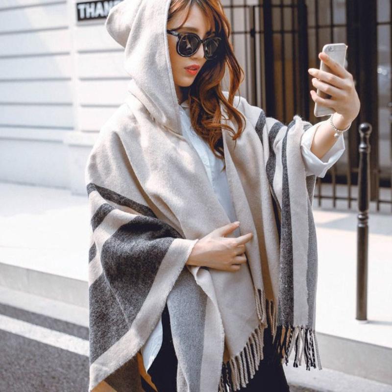 Fashion Winter Warm Fleece Shawl Hooded Imitation Cashmere Wraps Scarf Thicken Cloak Cardigan 1