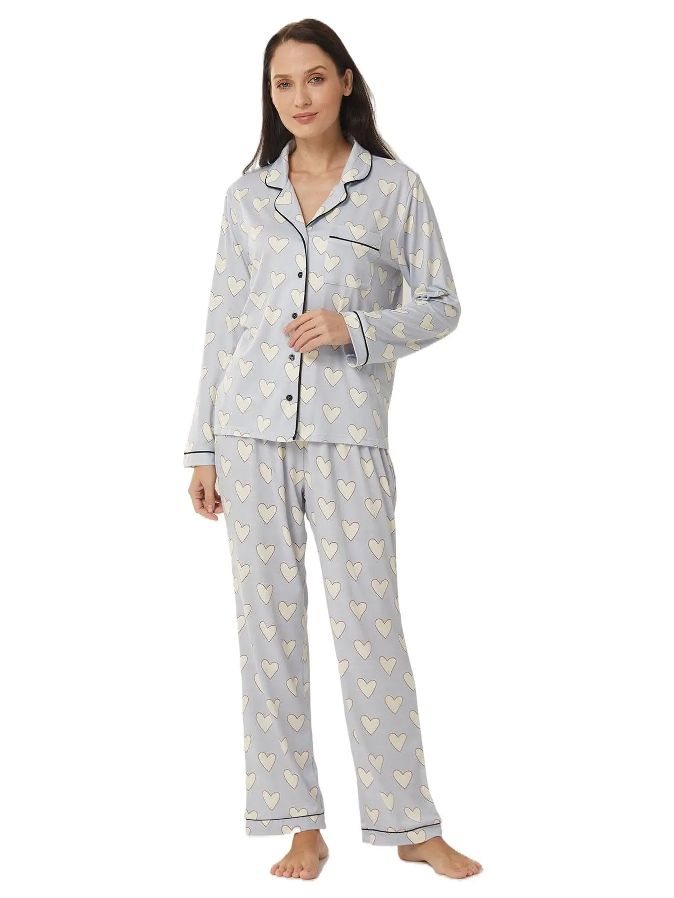 Women's All Over Heart Print Contrast Binding Long Sleeve Pajama Two-Piece Set, Regular Fit Casual Comfy Button Front Chest Pocket Design Lapel Neck Top & Elastic Waist Pants PJ Set, Ladies Summer Sleepwear